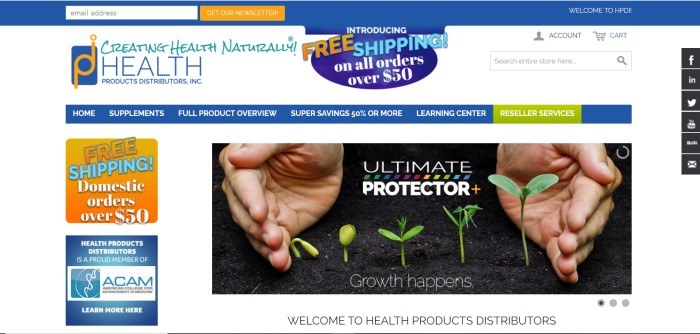 This screenshot of the home page for Health Products Distributors, Inc. has a white background with blue and orange accents in the logo, navigation bar, and other headers, along with a large photo of two hands surrounding five seedlings growing in dark earth, behind the words 'Ultimate protector plus- growth happens.' 