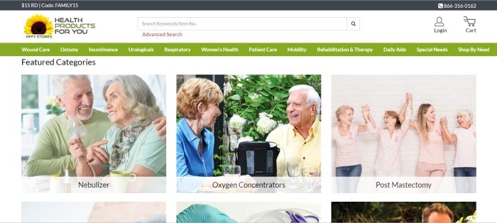 This screenshot of the home page for Health Products for You has a white background with green headers and a green navigation bar above photos and text advertising nebulizers, post mastectomy care, and oxygen concentrators.