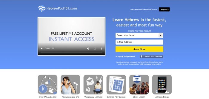 This screenshot of the home page for HebrewPod101 has a blue background, a video box where customers can watch a video about why they should sign up for a free account, and an opt-in area on the right with a yellow call-to-action button.