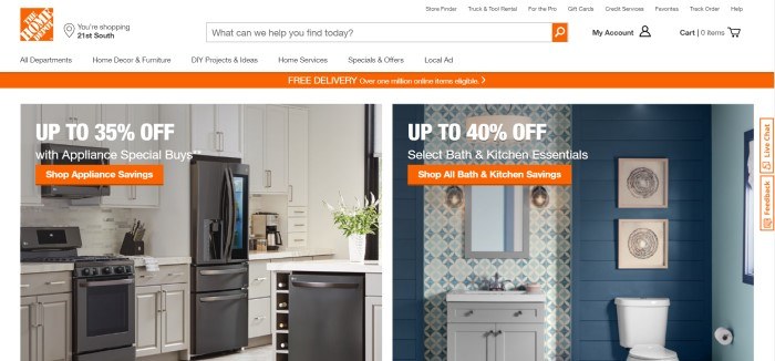 This screenshot of the home page for Home Depot shows a picture of a kitchen on the left side of the page, with an advertisement for 25% off on appliances, and a photo of a bathroom in blue and white on the right side of the page, with an advertisement for 40% off bath and kitchen essentials.