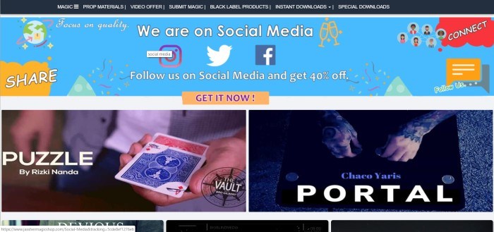 This screenshot of the home page for Jassher Magic Shop shows a blue banner with multicolored graphic accents announcing a 40% shopping discount for following this store on social media, above two columns of photographs of specific magic tricks, including 'Portal' and 'Puzzle.'