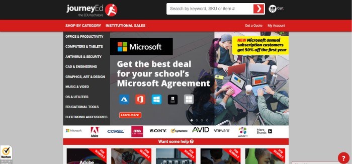  This screenshot of the home page for JourneyEd has a black header, a red navigation bar, and a gray background for the page, along with a dark filtered photo of college students working on laptops around a metal table, next to a black navigation column with white lettering, and an advertisement for Microsoft software deals.