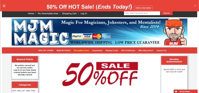 This screenshot of the home page for MJM Magic includes a blue header with a cartoon magician and white text introducing MJM Magic, above a page with a white background and red text announcing a 50% off sale. 