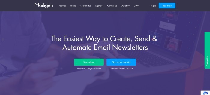 This screenshot of the home page for Mailigen has a black header, a dark-filtered photo of someone working on a laptop, and white text announcing Mailigen as the easiest way to automate email newsletters, along with a blue call-to-action button and a green call-to-action button. 