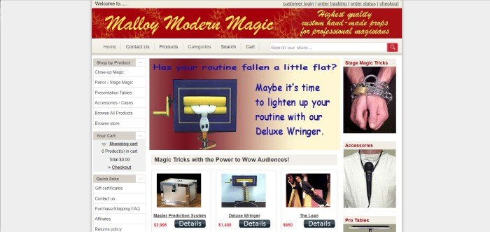 This screenshot of the home page for Malloy Modern Magic shows a brownish red header with the words 'Malloy Modern Magic' in yellow italicized writing at the top of the page, and below it, a product page with a white background and pictures with text for types of products, such as tables, stage magic, and specific magic tricks, including one large photo of a prop called the deluxe wringer.