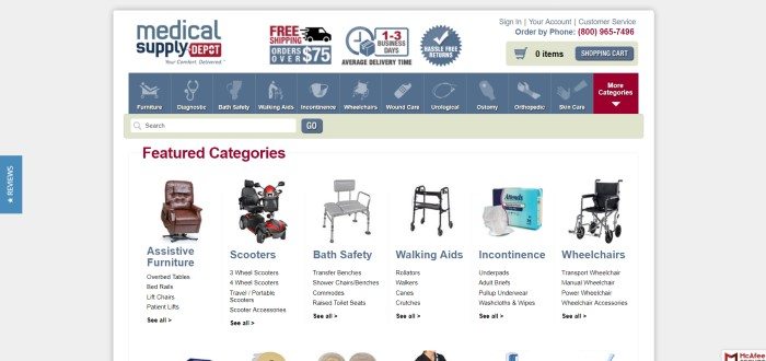  This screenshot for the home page for Medical Supply Depot has a white background with blue, red, and tan accents in the headers and the navigation bar, where customers can search for medical supplies by icon as well as by the category label.