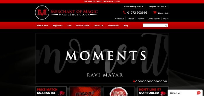 This screenshot of the home page for Merchant of Magic shows a distinctive web page with a black background, red header and accents, and white text that announces 'Moments' by Ravi Mayar.