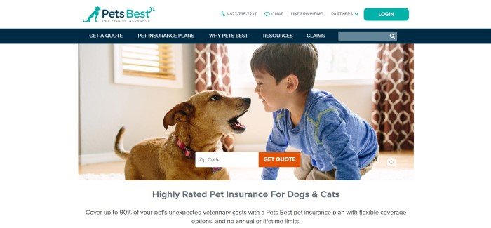 This screenshot of the home page for Pets Best has a white background with a photo of a dark-haired boy in blue shirt playing with a golden puppy in a living room in front of a window with brown curtains.