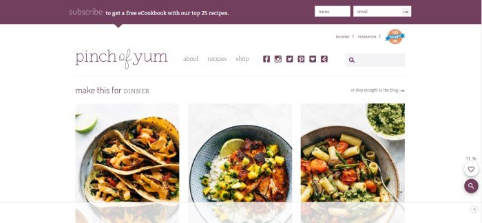 This screenshot of the home page for Pinch of Yum has a white background with a row of pictures showing various dinner dishes that are featured on the blog, under a phrase in purple and black reading 'Make this for dinner.'