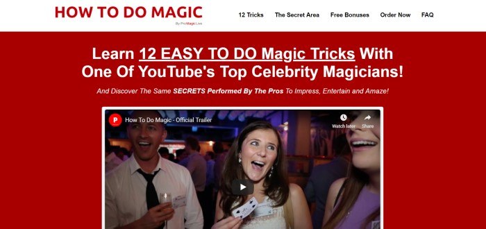 This screenshot of the home page for Pro Magic Live contains a white header with red text reading 'How to do magic' above a red page with white text and a video clip containing a woman and two men, inviting shoppers to learn 12 magic tricks from top YouTube magicians.