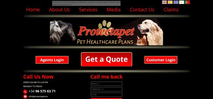 This screenshot of the home page for Protectapet has a black background with white and red text, red call to action buttons, and a header with red and gold text with photos of horses, a dog, and a cat.