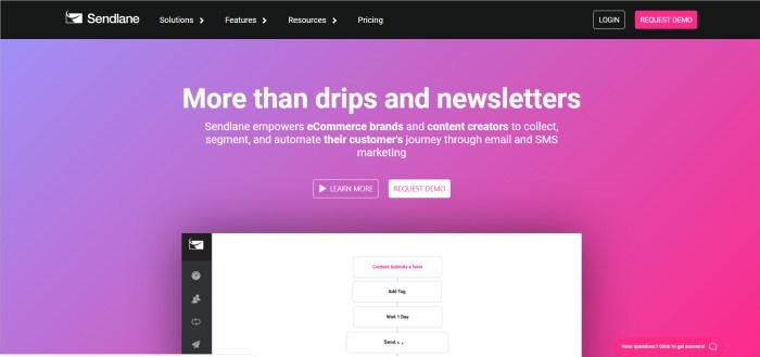 This screenshot of the home page for SendLane has a black header above a purple and fuschia gradient background, with a white box showing the drawing of an automation process and the words 'More than drips and newsletters' in white lettering. 