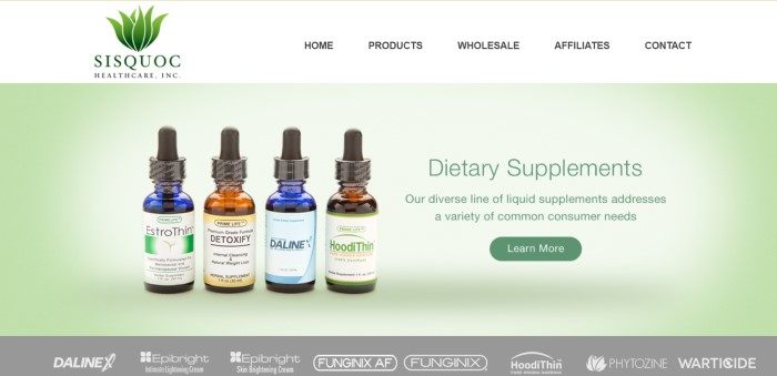 This screenshot of Sisquoc Healthcare has a wide white navigation bar with the green Sisquoc logo in the upper left corner, above a page with a pale green background showing a photo of a line of four Sisquoc products next to text in black lettering advertising this company's dietary supplements.