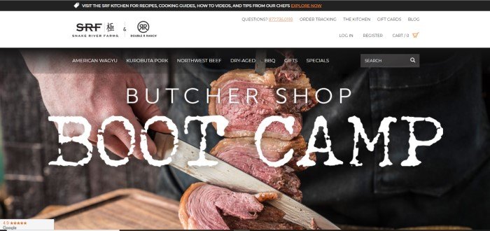 This screenshot of the home page for Snake River Farms shows a man's hand with a long knife cutting a slice of beef on a wooden cutting board.