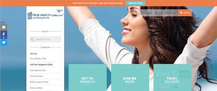 This screenshot of the home page for True Health Labs has a large photo of a smiling woman with her arms raised into a blue sky as the background, along with a white text box with information on how the service works and a search bar, and at the bottom of the page, a row of three aqua-colored boxes with links for more information on how to use True Health Labs.