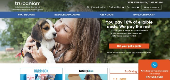 This screenshot of the home page for Trupanion shows a girl kissing a brown and white puppy in front of a tree, along with white text advertising Trupanion benefits and a red call-to-action button for an insurance quote.