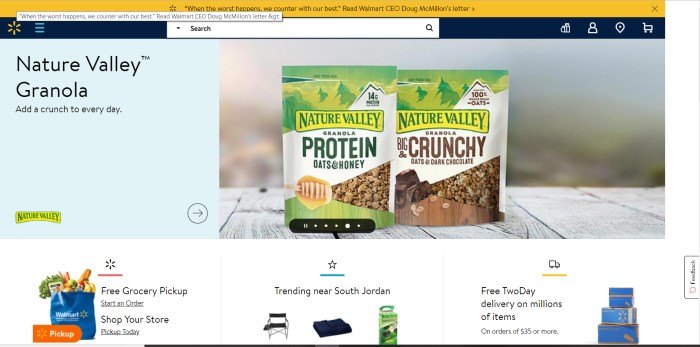 This screenshot of the home page for Walmart shows the logo in the upper left corner, above a light blue section with a photo of Nature Valley Granola and an advertisement for it, and below that, three sections with black text advertising free two-day shipping, trending items, and free grocery pickup.