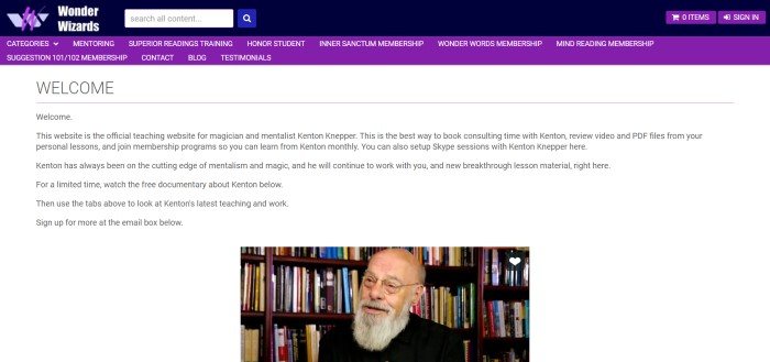 This screenshot of the home page for Wonder Wizards includes a black and purple header, a page with a white background and black text, and a video clip of Kenton Knepper, a famous magician and mentalist. 