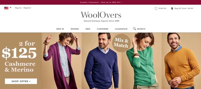  This screenshot of the home page fore WoolOvers has white background above a tan section showing a row of models in various sweaters, next to an advertisement in white text for cashmere and merino sweaters.