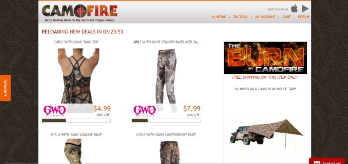 This screenshot of the home page for Camofire shows a black background with a white section showing foru pieces of camouflage apparel for women as the deals of the day.