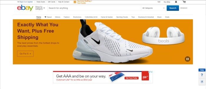 This screenshot of the home page for eBay has a white background, an eBay logo in the upper left corner, and an orange section in the middle of the page featuring a photo of white and black Nike shoes, with black text reading 'Exactly what you want, plus free shipping.'