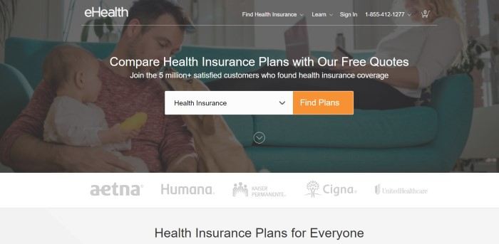 This screenshot of the home page for eHealth Insurance includes a large, dark-filtered photo of a mother on a teal couch, next to a father who is sitting on the floor holding a baby and playing with a golden-colored dog with his free hand, behind text in white lettering inviting shoppers to get insurance quotes and an opt-in box with an orange call-to-action button to encourage people to get insurance quotes now.