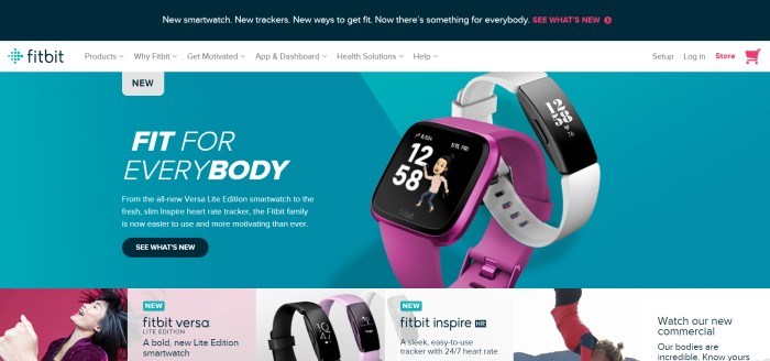 This screenshot of the home page for Fitbit includes a white navigation bar above a teal section with a photo of two Versa Lite editions of the Fitbit, and below that, advertisements with photos for Fitbit Versa and Fitbit Inspire.