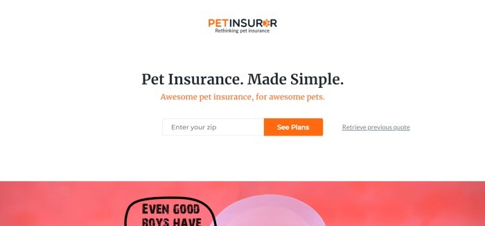  This screenshot of the home page for Pet Insurer has a white background with black text reading 'pet insurance, made simple' above an orange call-to-action button and coral section showing the top of a photo of a dog wearing a cone around his neck.