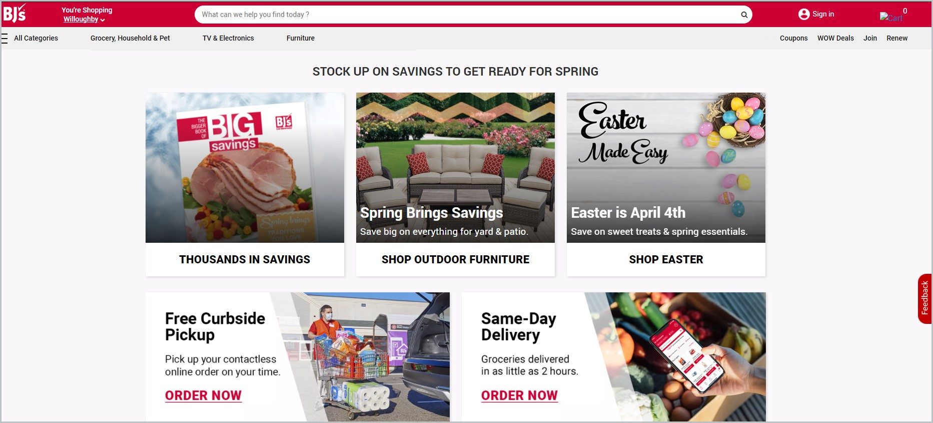 screenshot of BJs Wholesale Club homepage with red header bearing the website's name and search bar, it showcases images of the website's products