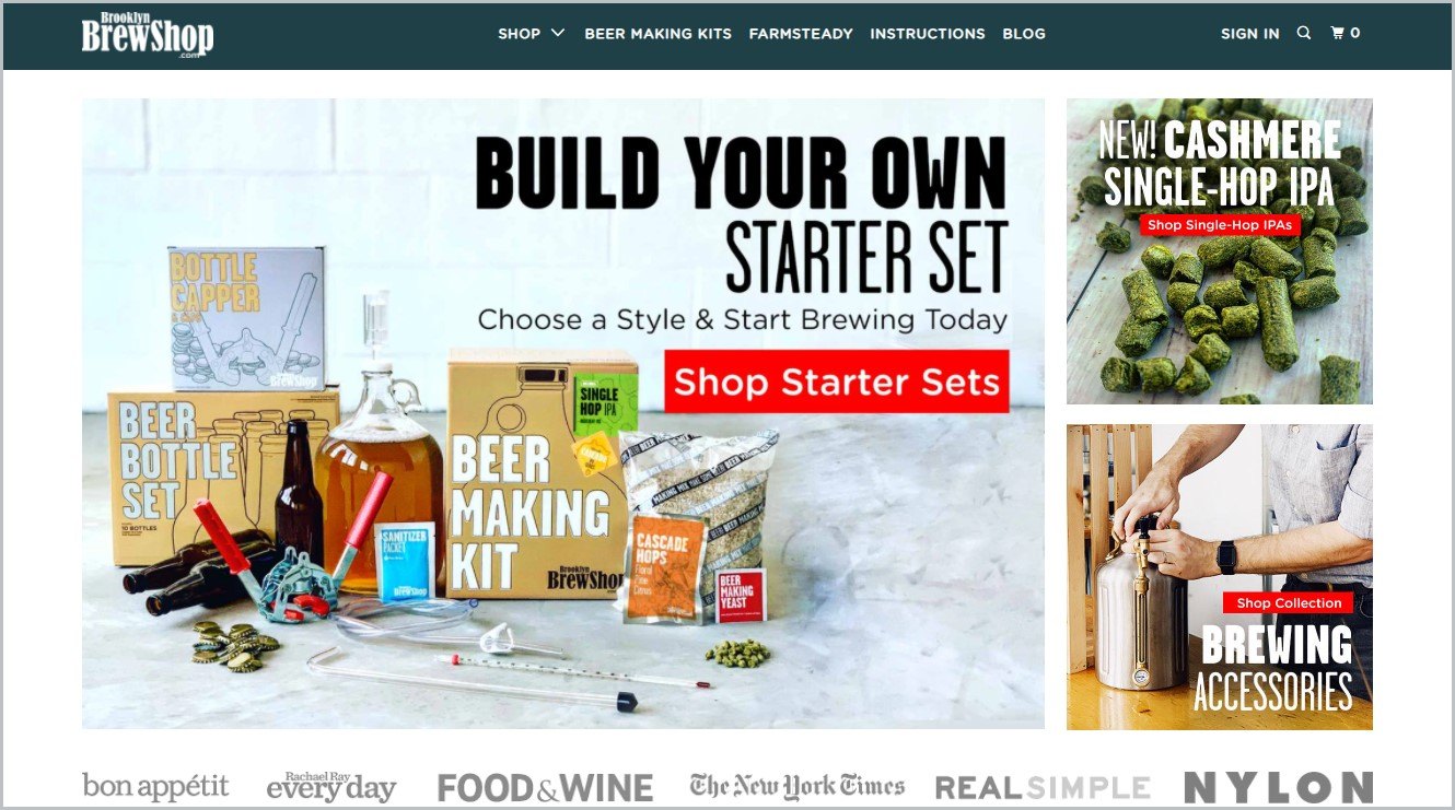 screenshot of Brooklyn Brew Shop homepage with a dark blue-green header bearing the website's name and main navigation menu with pictures of their beer making kits for the main image