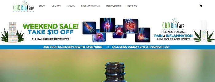 A screenshot of the CBD BioCare website, showcasing their oil and links to a sale