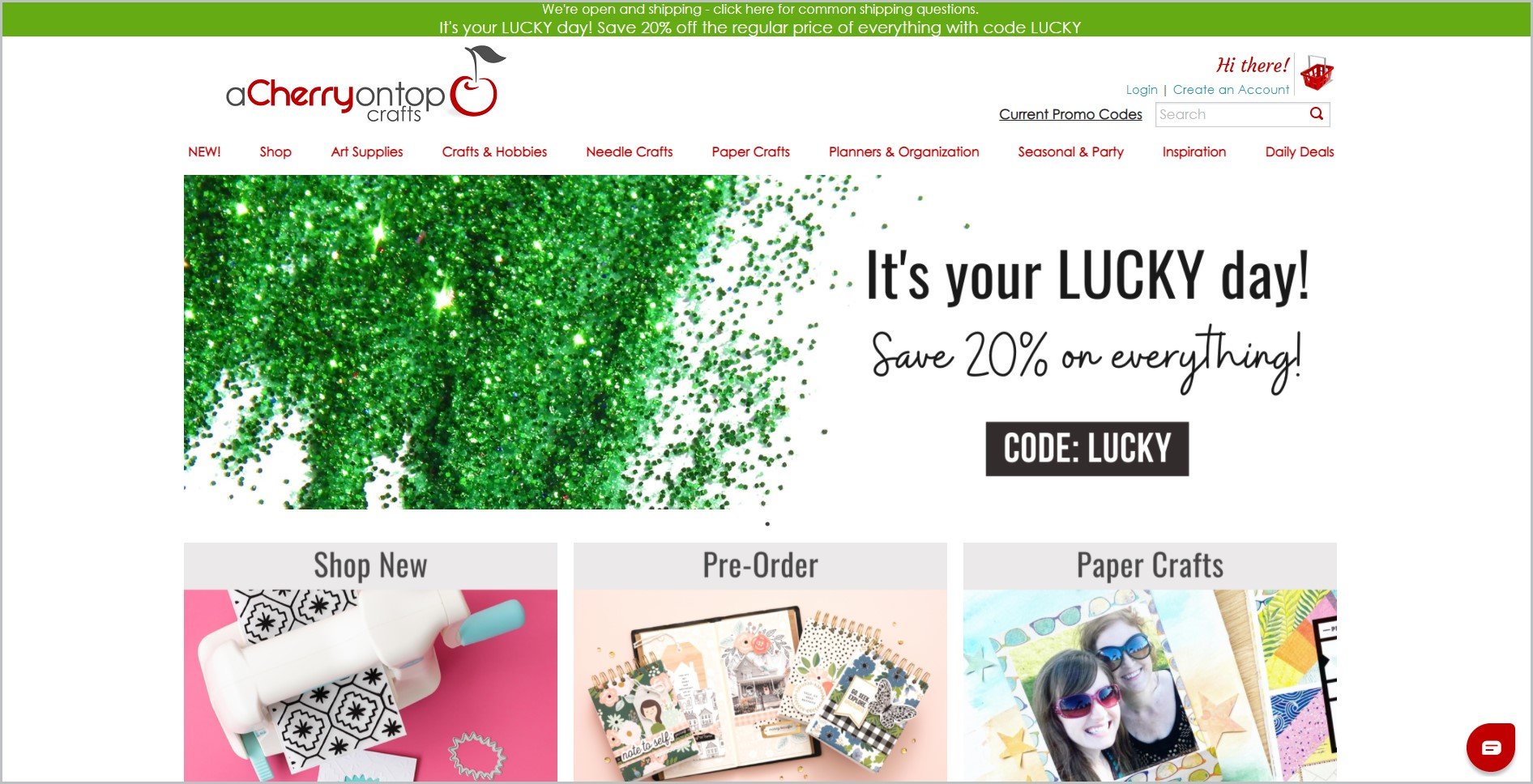 screenshot of Cherry On Top Crafts homepage, with green announcement bar, white header with the website's name and main navigation menu, it also showcases some of their products