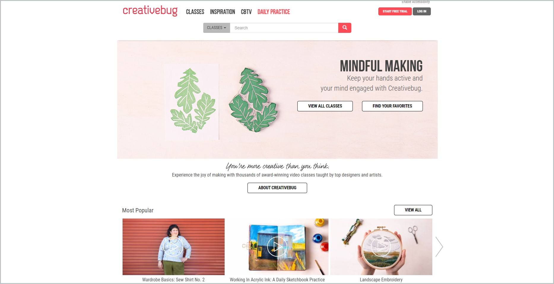 screenshot of Creativebug home page, with white header bearing the website's name and the main navigation menu, it also showcases images of some of the company's products