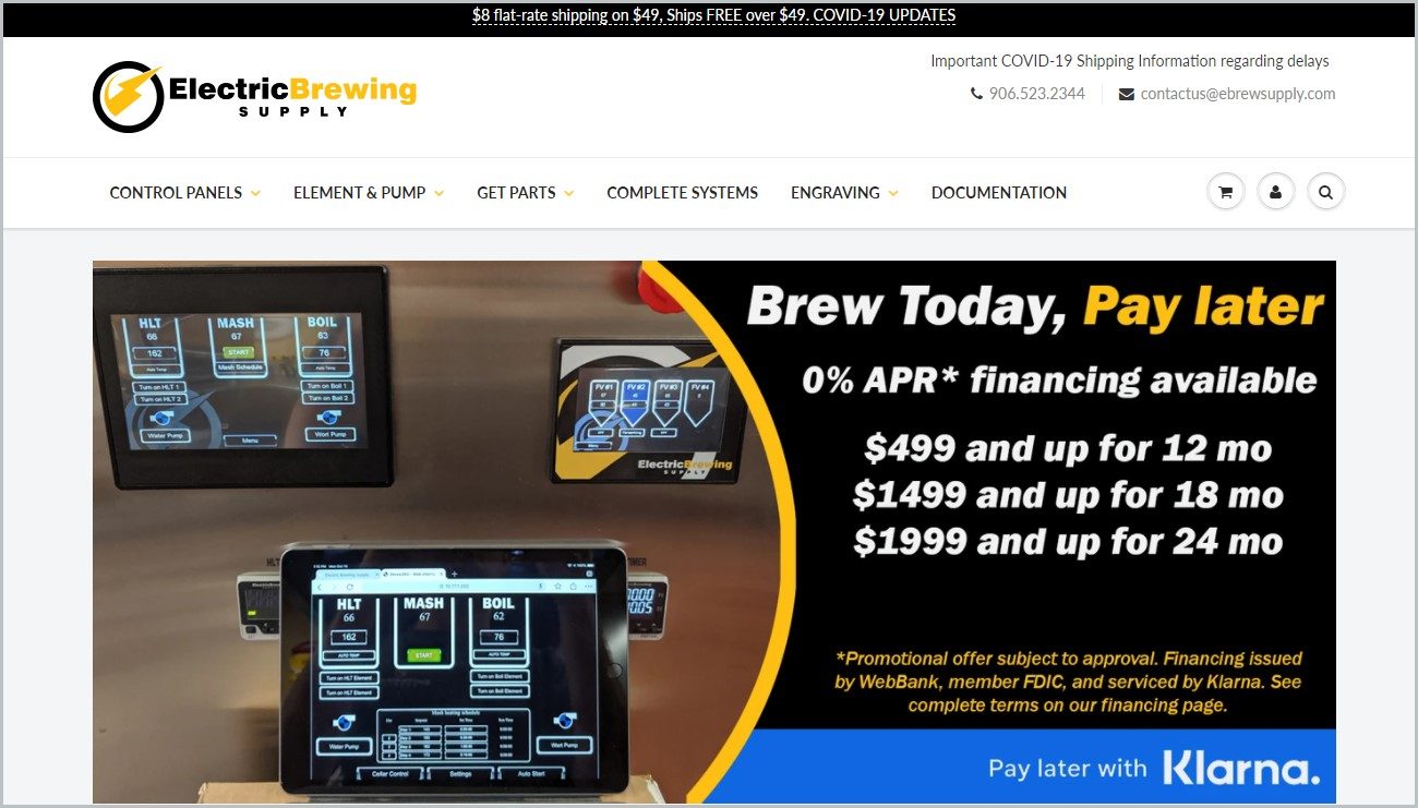 screenshot of Electric Brewing Supply homepage with a white header containing the website's name and main navigation menu, showcasing images of some of their products