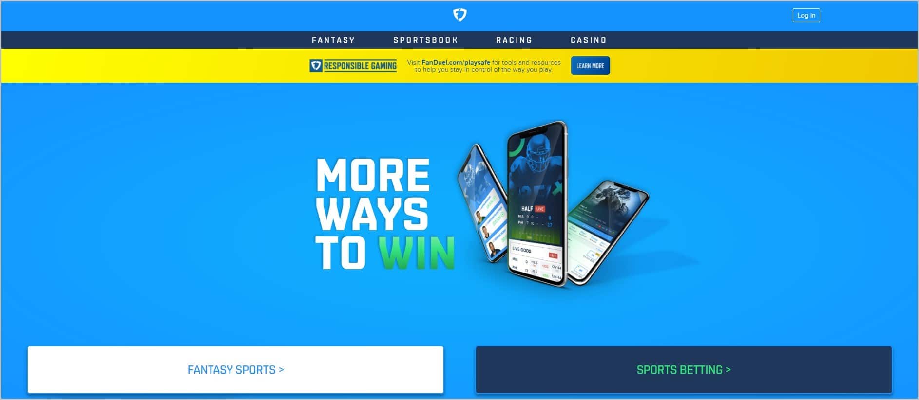 screenshot of Fanduel homepage with dominantly blue page, with a dark blue header with navigation menu, showcasing a picture of three mobile phones with their app software