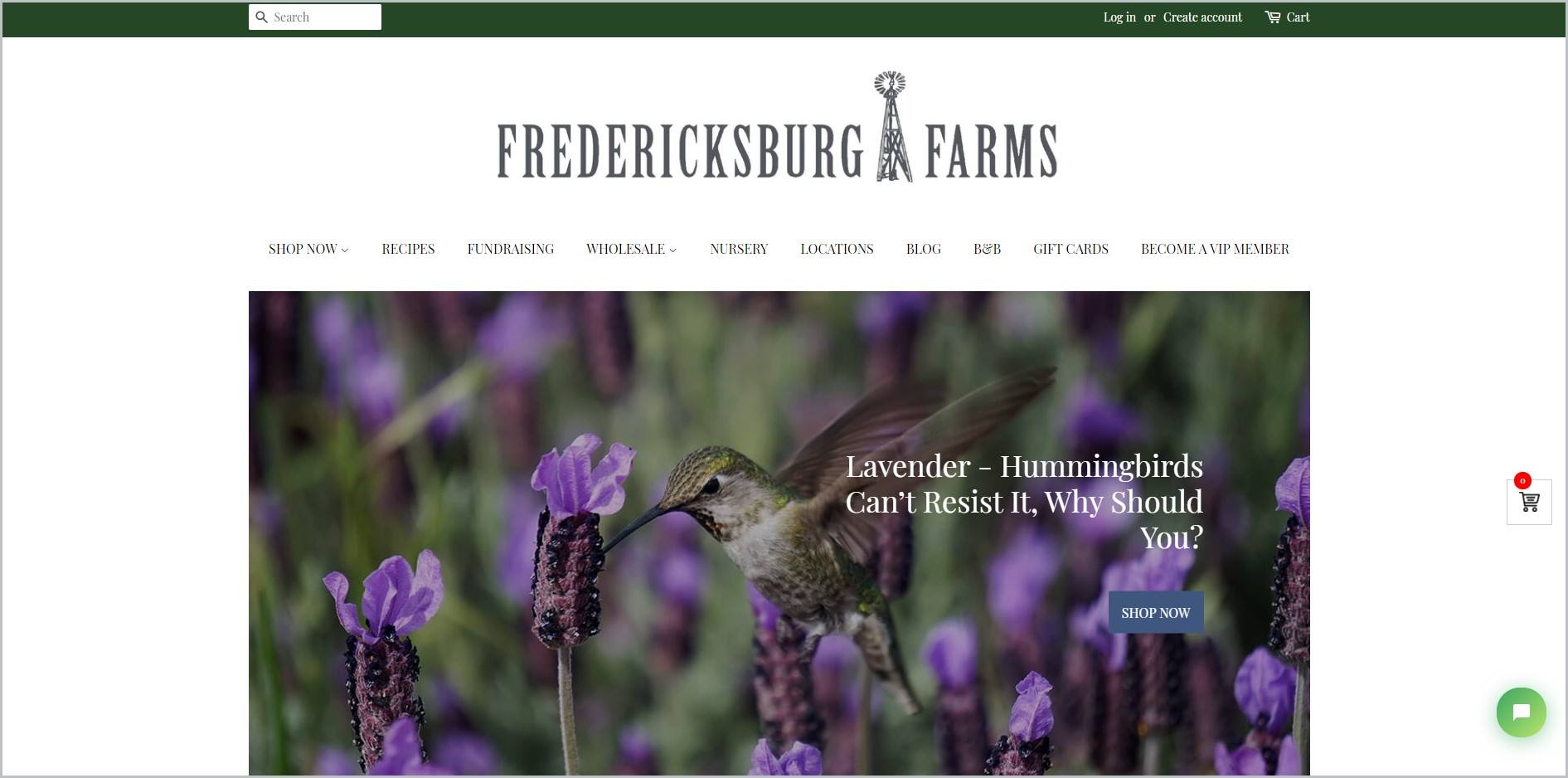 screenshot of Fredericksburg Farms homepage with white header bearing the website's name, showcasing a closeup image of field with lavender-colored flowers and a bird pecking at one of the flowers