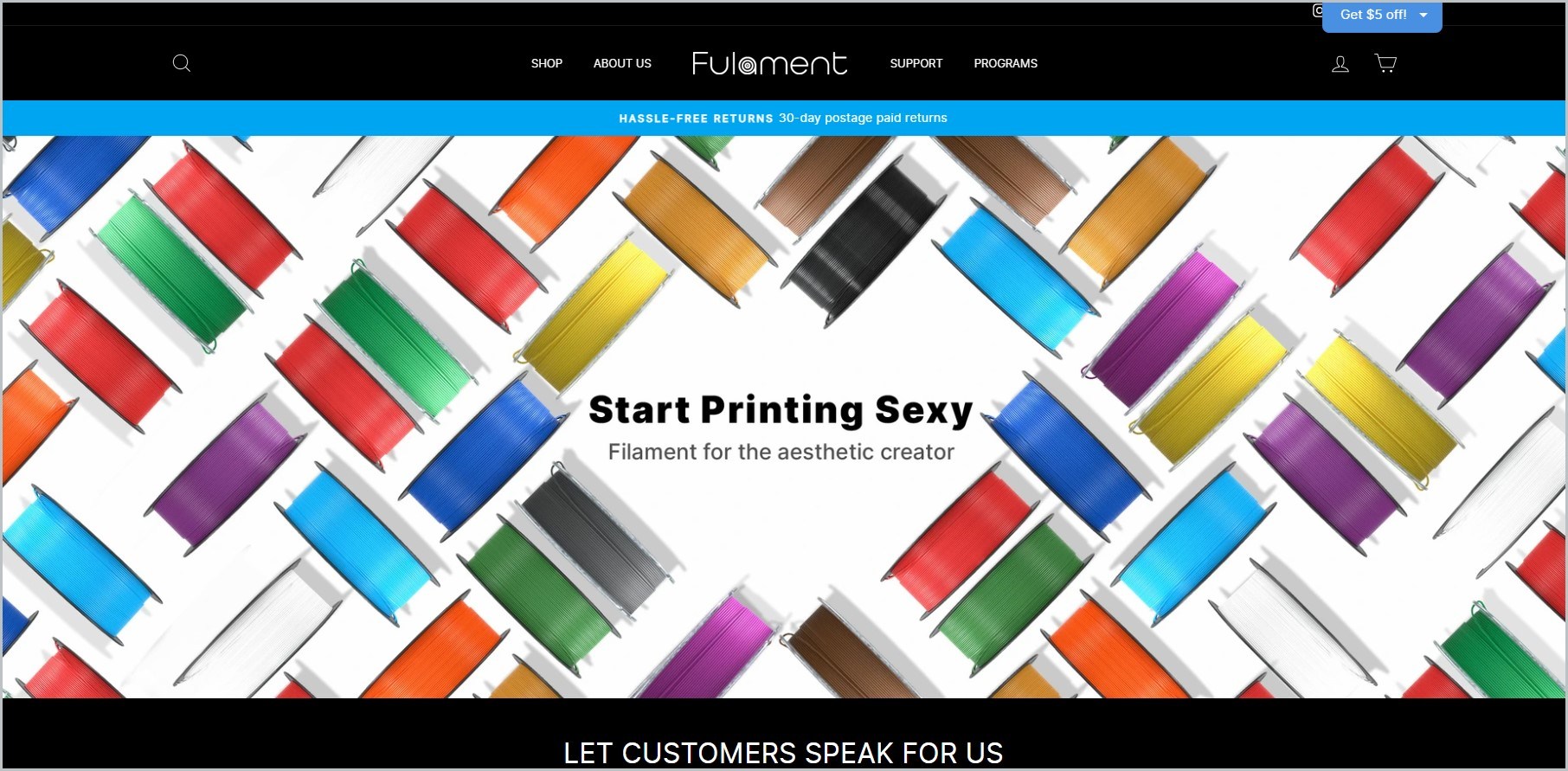 screenshot of Fulament homepage showcasing filaments of different colors