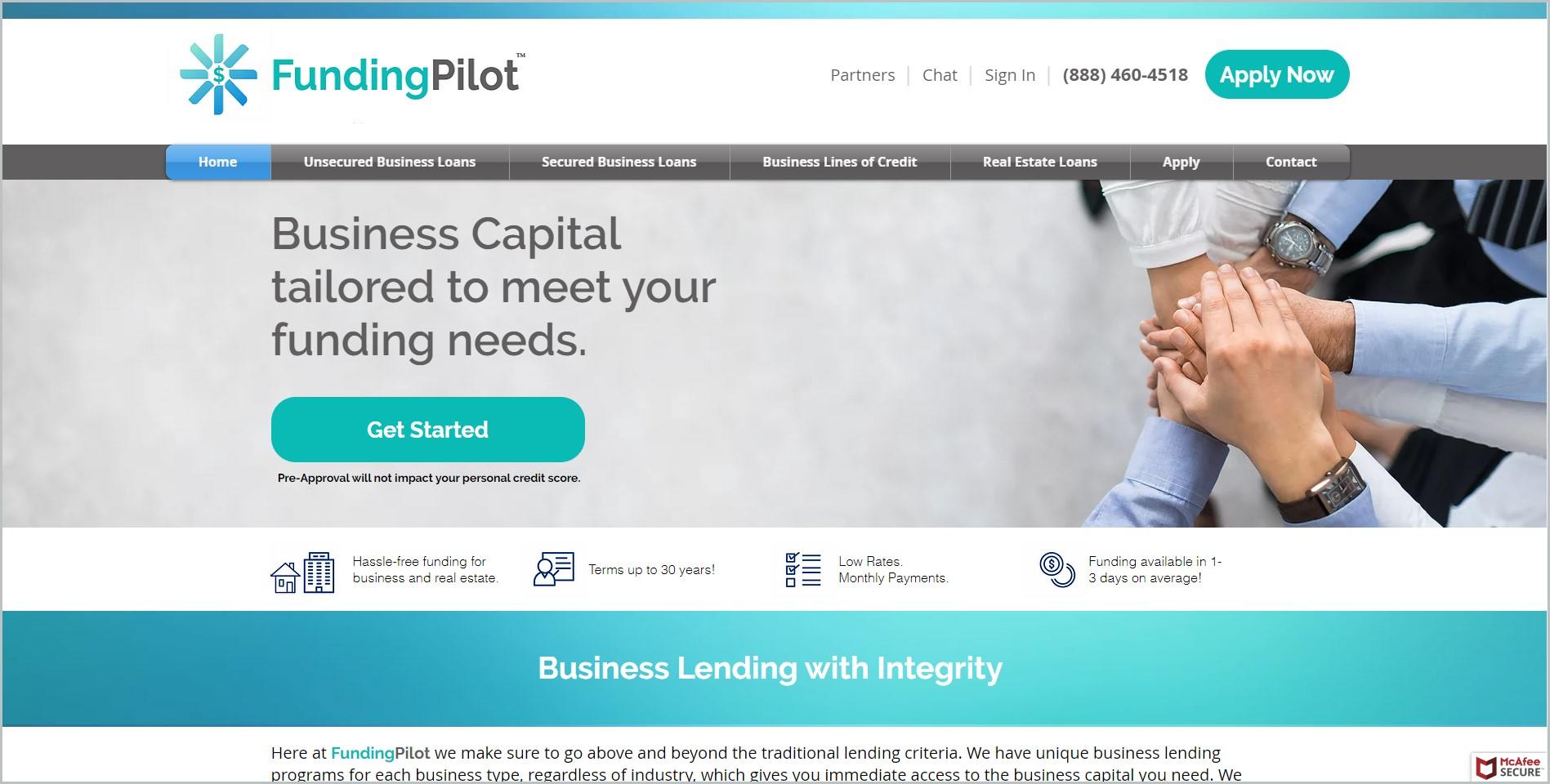 screenshot of FundingPilot homepage with white header bearing the website's name and main navigation menu, with a featured top view image of hands joined together