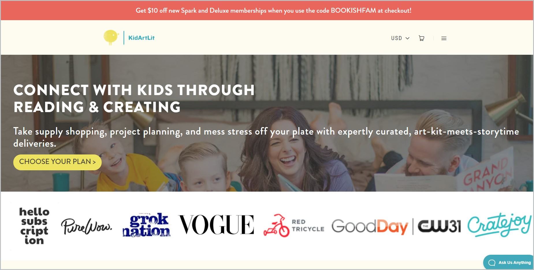 screenshot of KidArtLit homepage with red announcement bar, white header with website's name and main navigation menu, showcasing a picture of kids and parents for main image