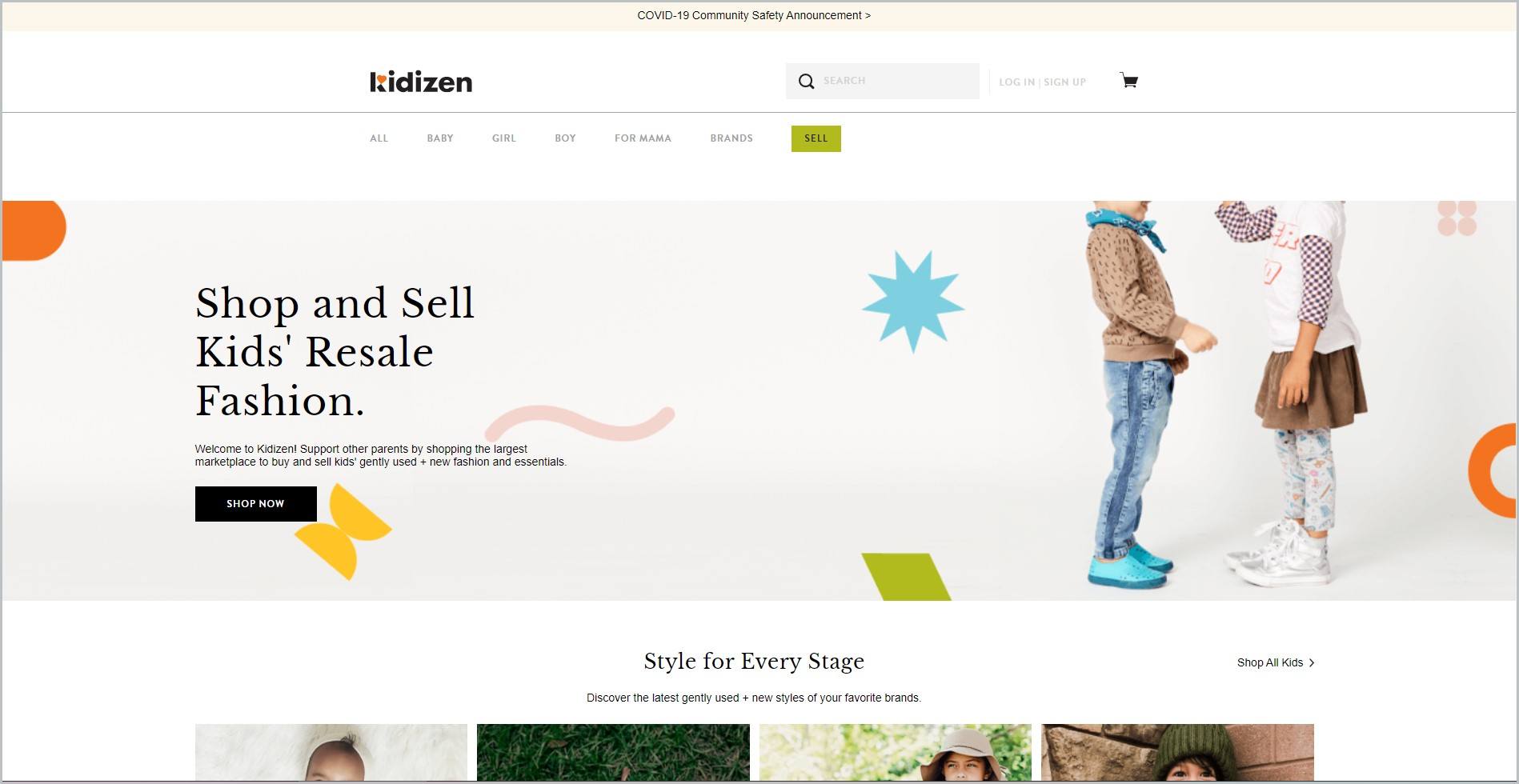 screenshot of Kidizen homepage, with beige announcement bar, white header bearing the website's name and main navigation menu, showcasing 2 kids in outfit