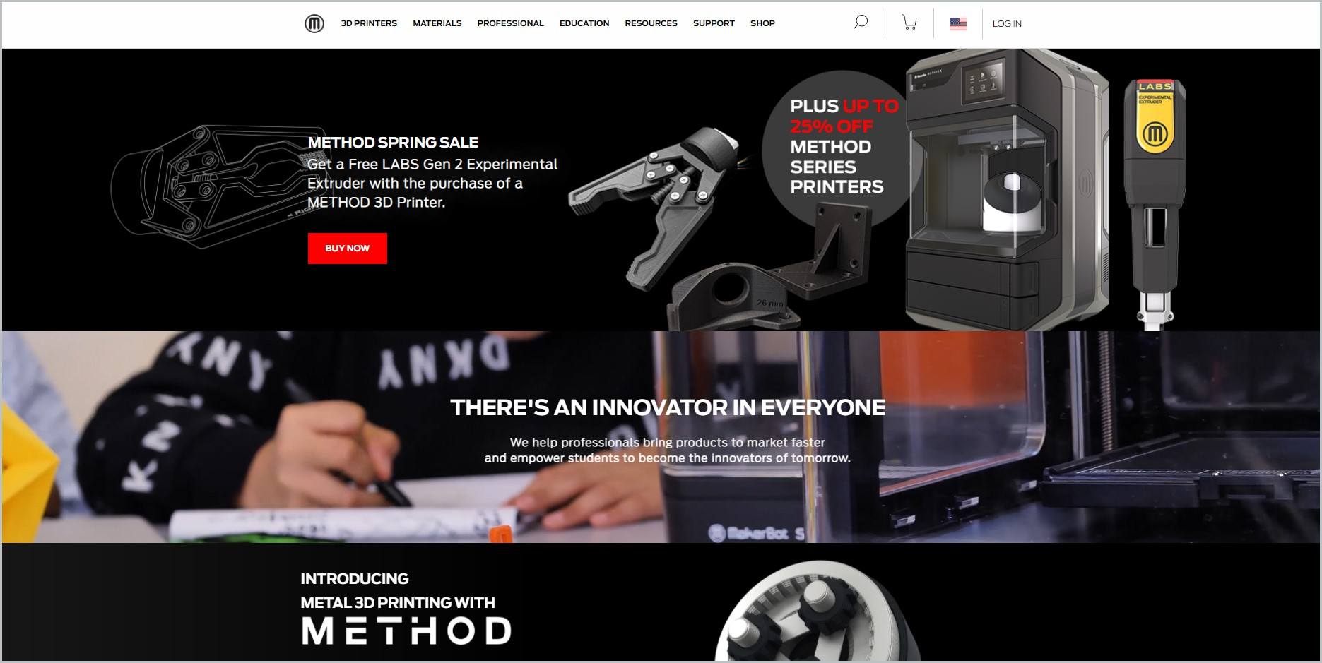 screenshot of MakerBot homepage showcasing some of its products