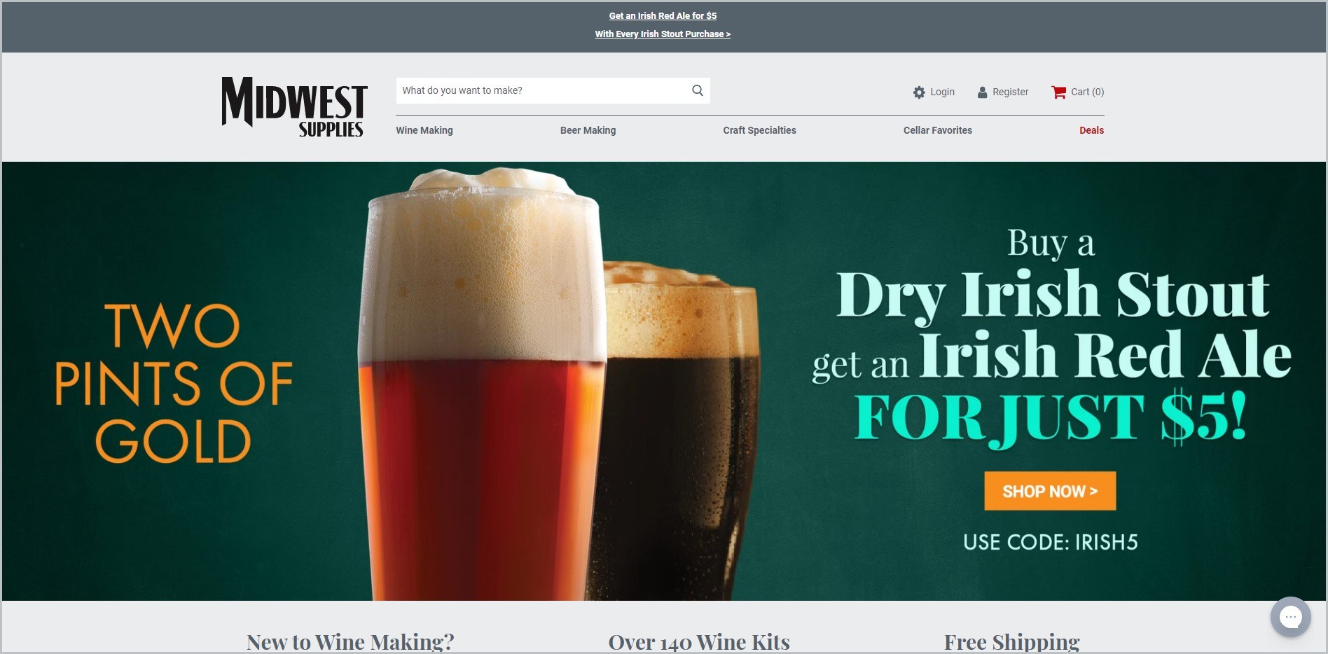 screenshot of Midwest Supplies homepage with dark blue-green announcement bar and white header bearing the website's name and main navigation menu, it showcases a picture of 2 tall glass with beer in it for main image