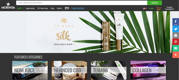 A screenshot from the Morinda website showing a selection of their product types, including hemp oil