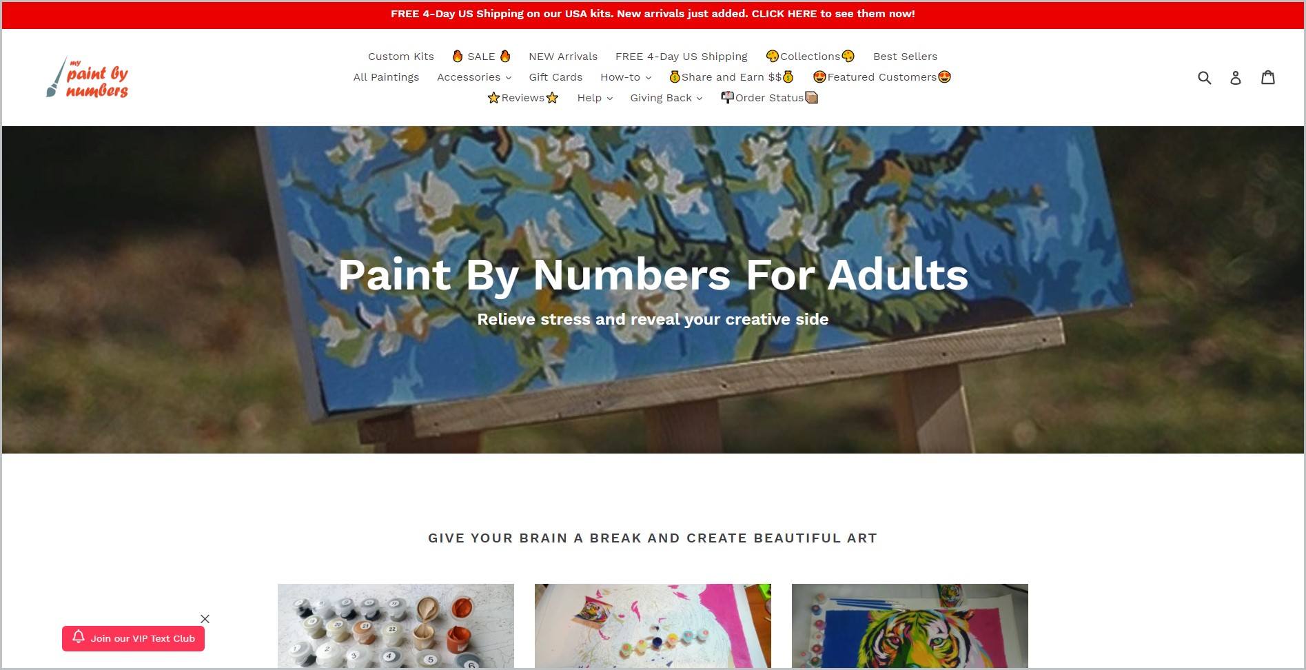 screenshot of My Paint by Numbers homepage with red announcement bar, white header with the website's name and main navigation menu, it also showcase one of their products