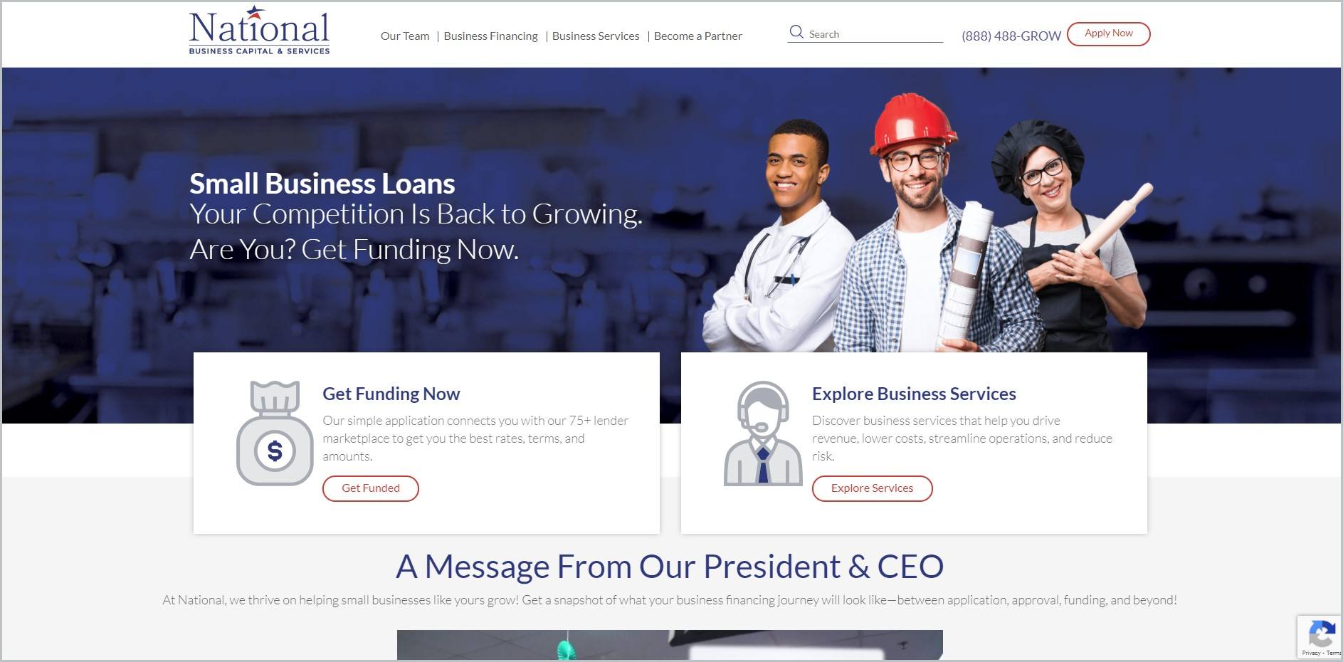 screenshot of National Business Capital homepage with white header bearing the website's name and main navigation menu, also showcasing an image showing a doctor, an engineer, and a baker