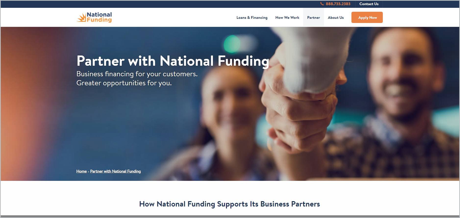 screenshot of National Funding homepage, with white header bearing the website's name and main navigation menu, showcasing a couple shaking hands to someone outside of the frame