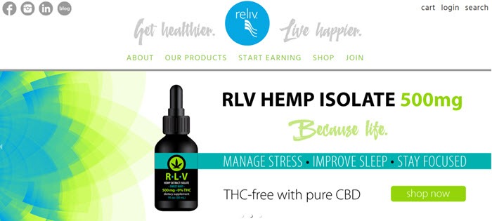 A screenshot from the Reliv website showing their hemp oil and various menus