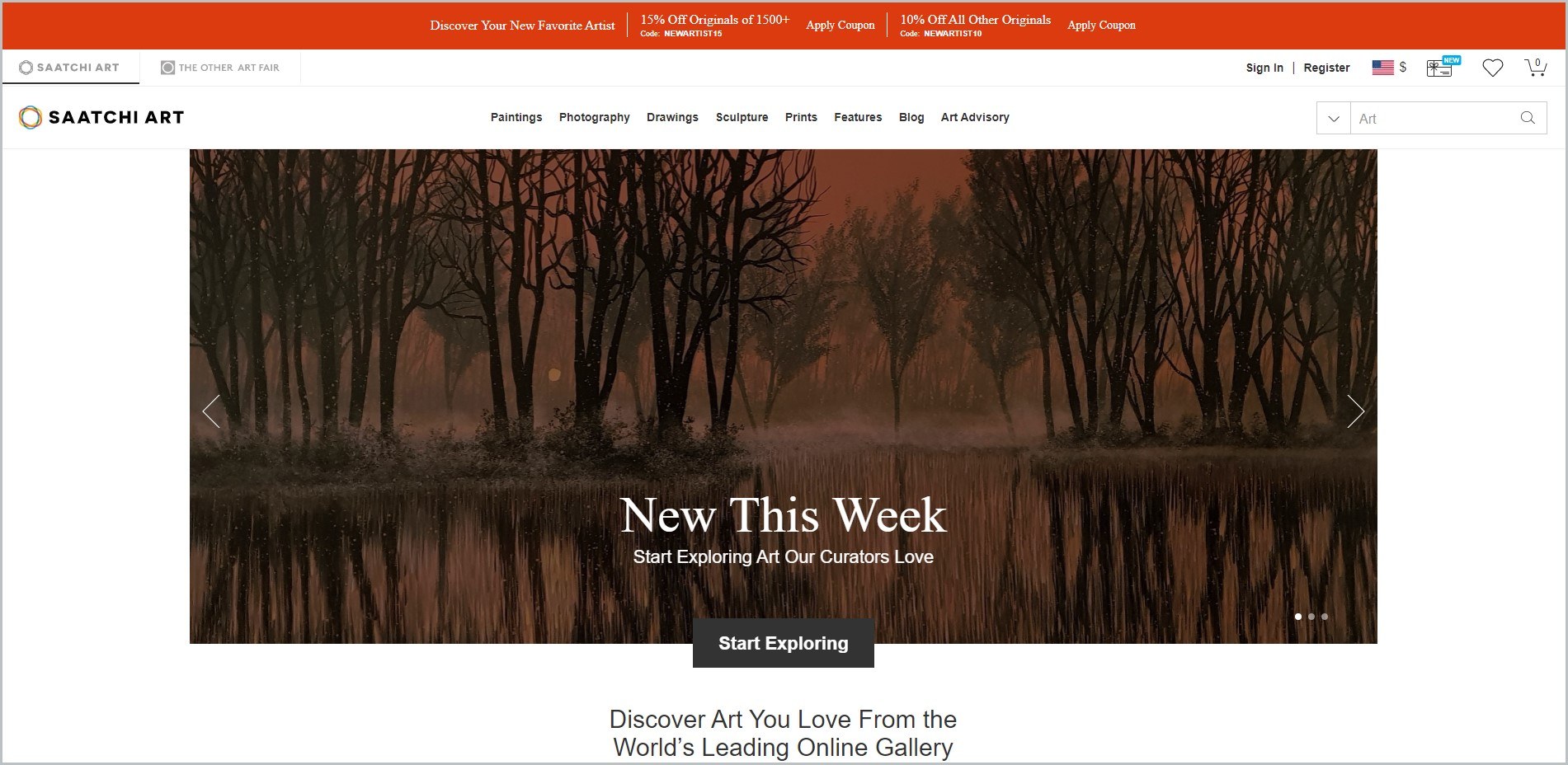 screenshot of Saatchi Art homepage, red announcement bar, white header bearing the website's name and main navigation menu, showcasing a painting for main image