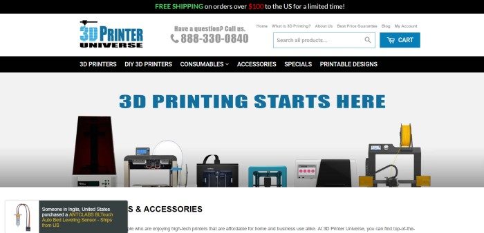 This screenshot of the home page of 3D Printer Universe has a photo of a row of 3D printer models against a white wall, behind text in blue lettering that reads "3D printing starts here."