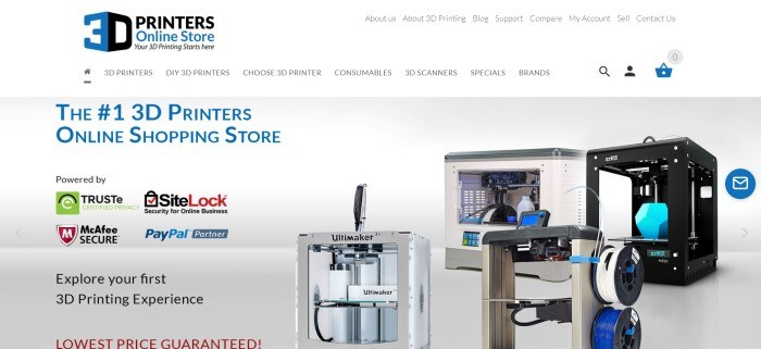 This screenshot of the home page for 3D Printers Online Store has blue, black, and red text discussing announcing 3D printing experiences, next to four different 3D printer models.